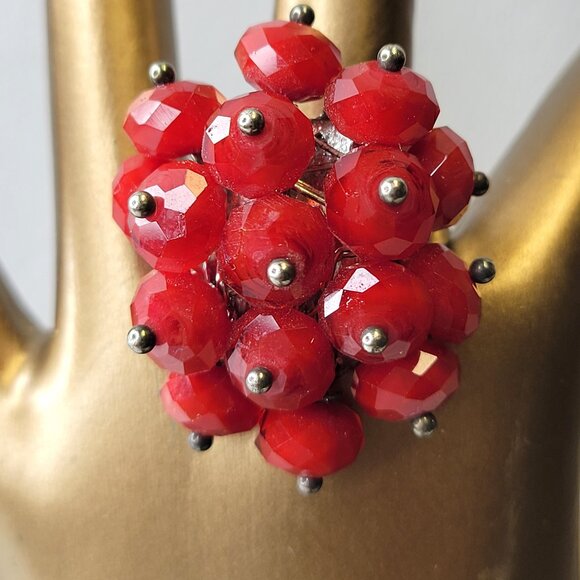 Red Crystal Bead Cluster Ring Adjustable Crystal Ring Statement Crystal Ring - Picture 2 of 6